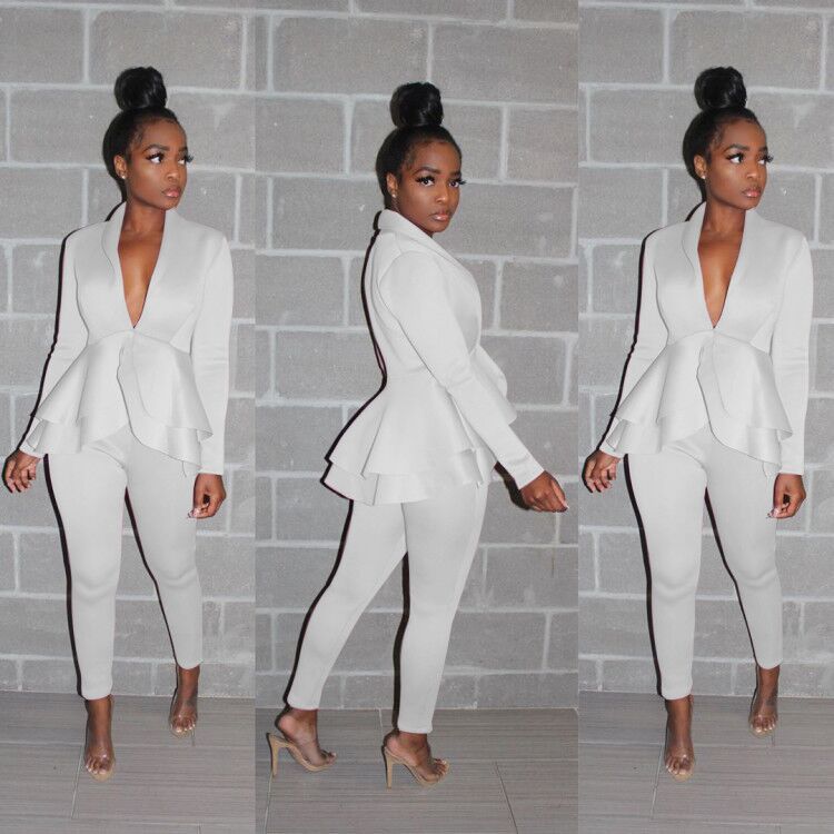 Sexy Women's Solid Color V-Neck Two-Piece Pants Set 13