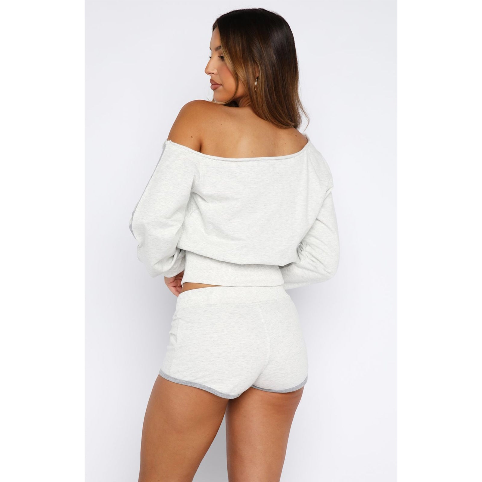 Women's Casual Slash Shoulder Long Sleeve Top Drawstring Shorts Two-Piece Set 23