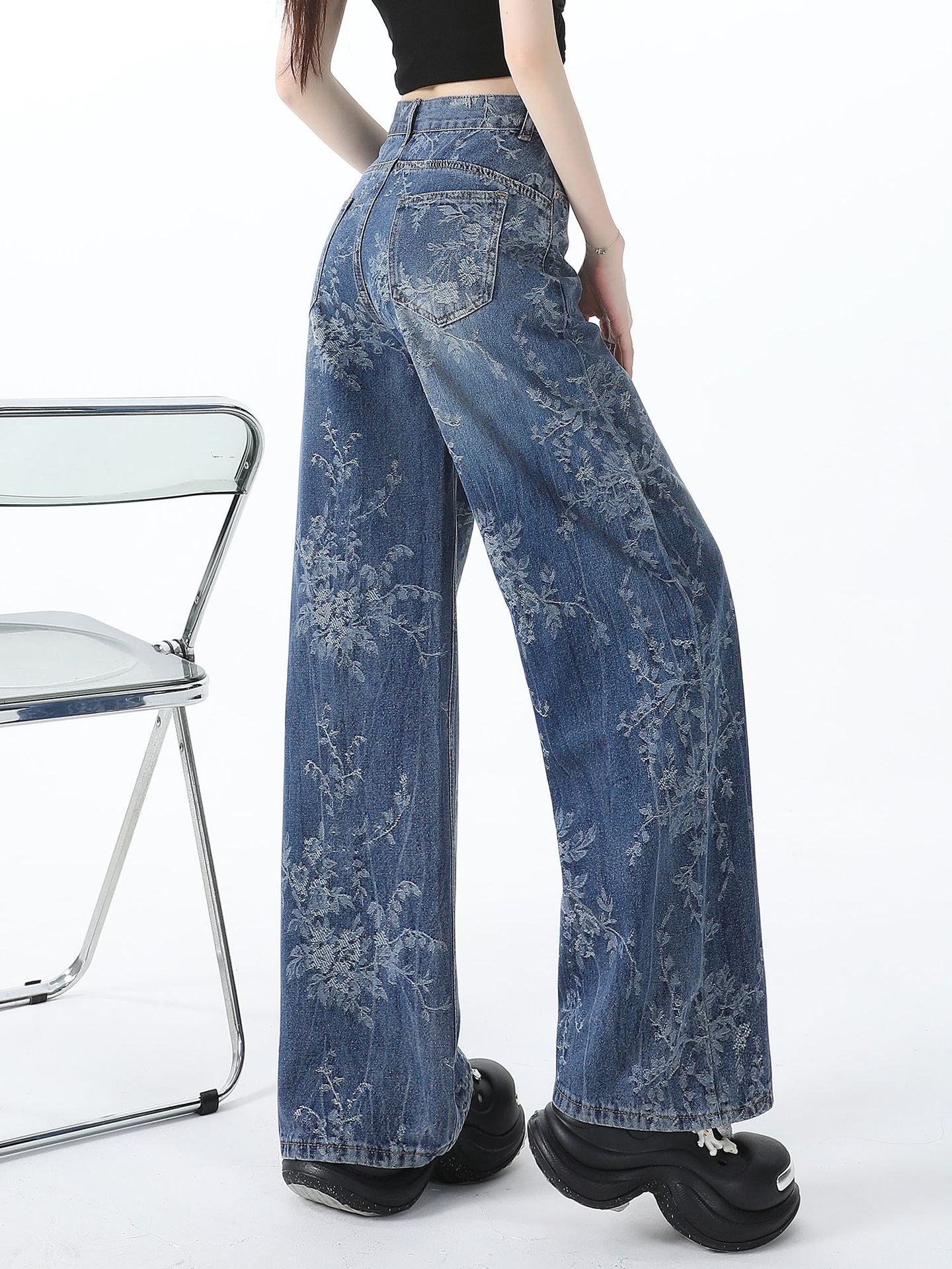 Blue Jacquard Denim Pants Women Loose Wide Leg Straight Leg Trousers 6