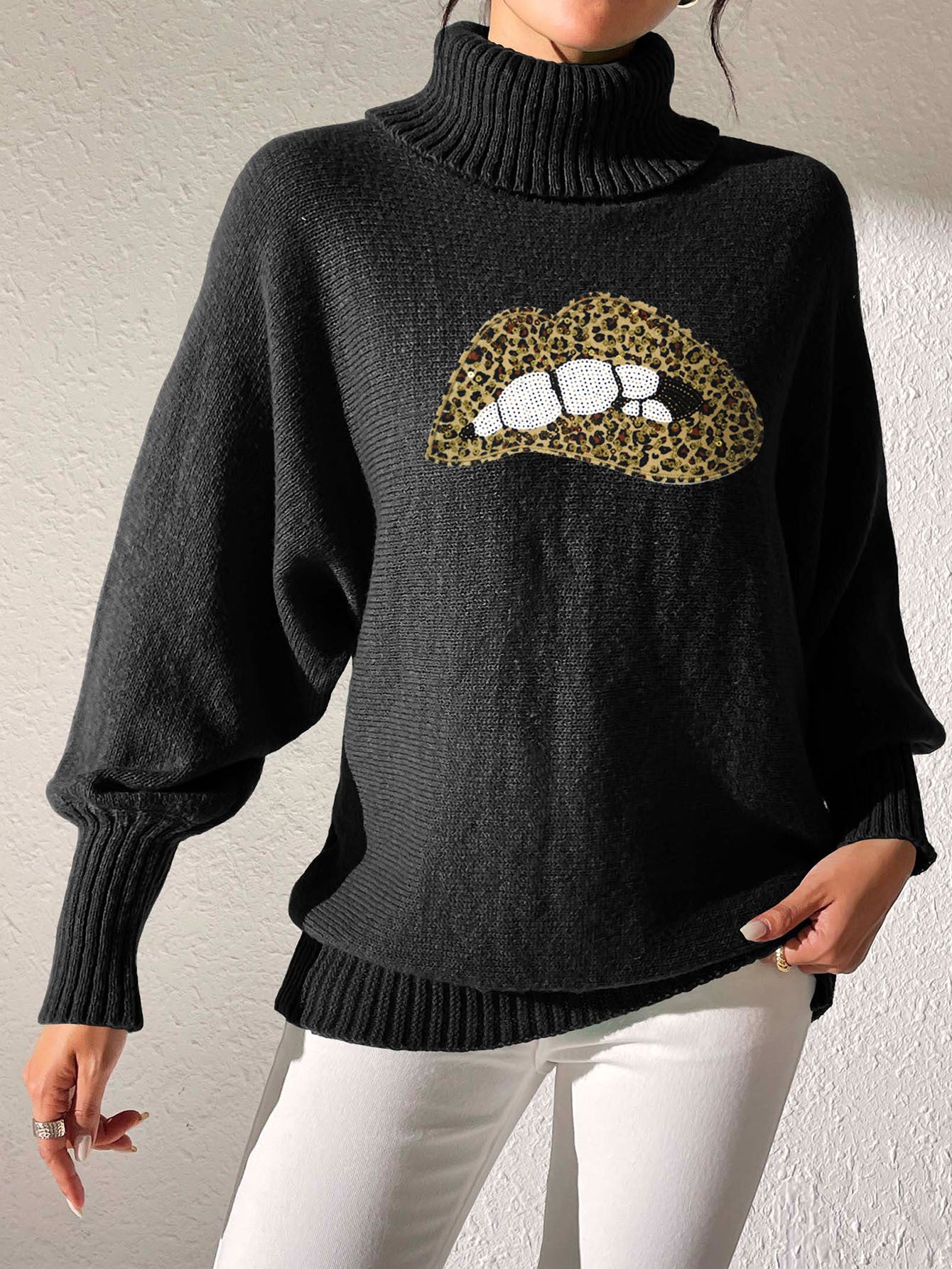 Autumn Winter Women's Sequin Lips Embroidery Turtleneck Pullover Sweater 3