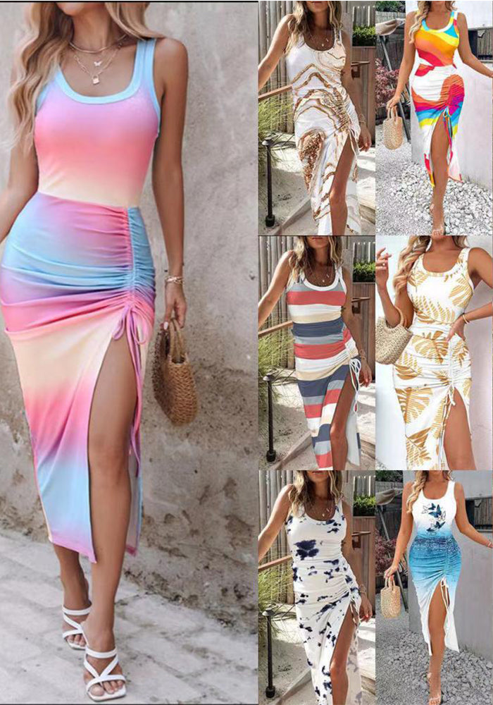 Fashion Printed Sleeveless Slim Waist Slim Sexy Slit Dress