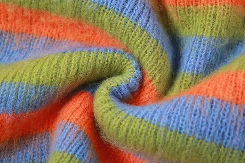 Autumn Women sexy knitting striped contrast top and slit skirt two-piece set 19