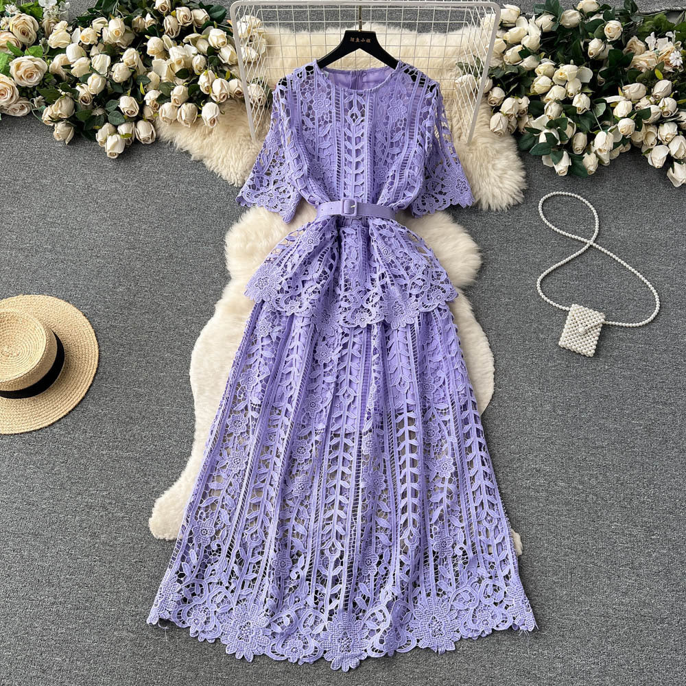 Women French-Style Short-Sleeved Openwork Lace Dress 13