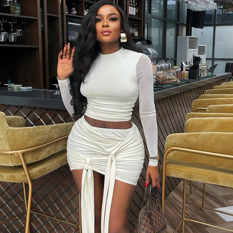 Women's Solid Color Round Neck Mesh Patchwork Crop Top Ribbon Skirt Two Piece Set 3