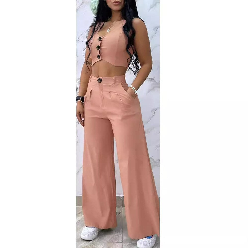Women Solid vest and wide-leg pants two-piece set 4