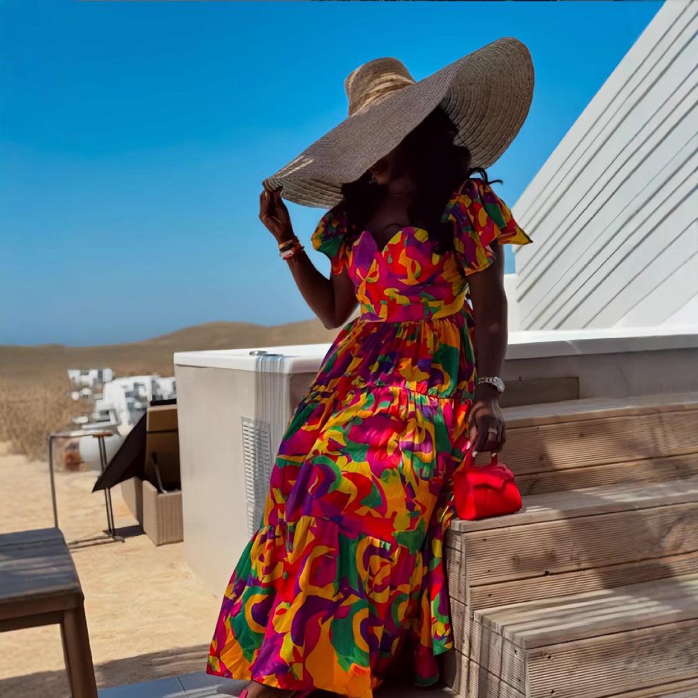 Women's spring puffy short sleeve color matching print Slim Waist pleated long dress 3