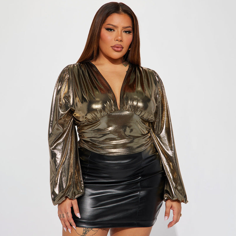 Fashionable Plus Size Women's V-Neck Long Sleeve Gathered Slim Waist Balloon Sleeve Top 4