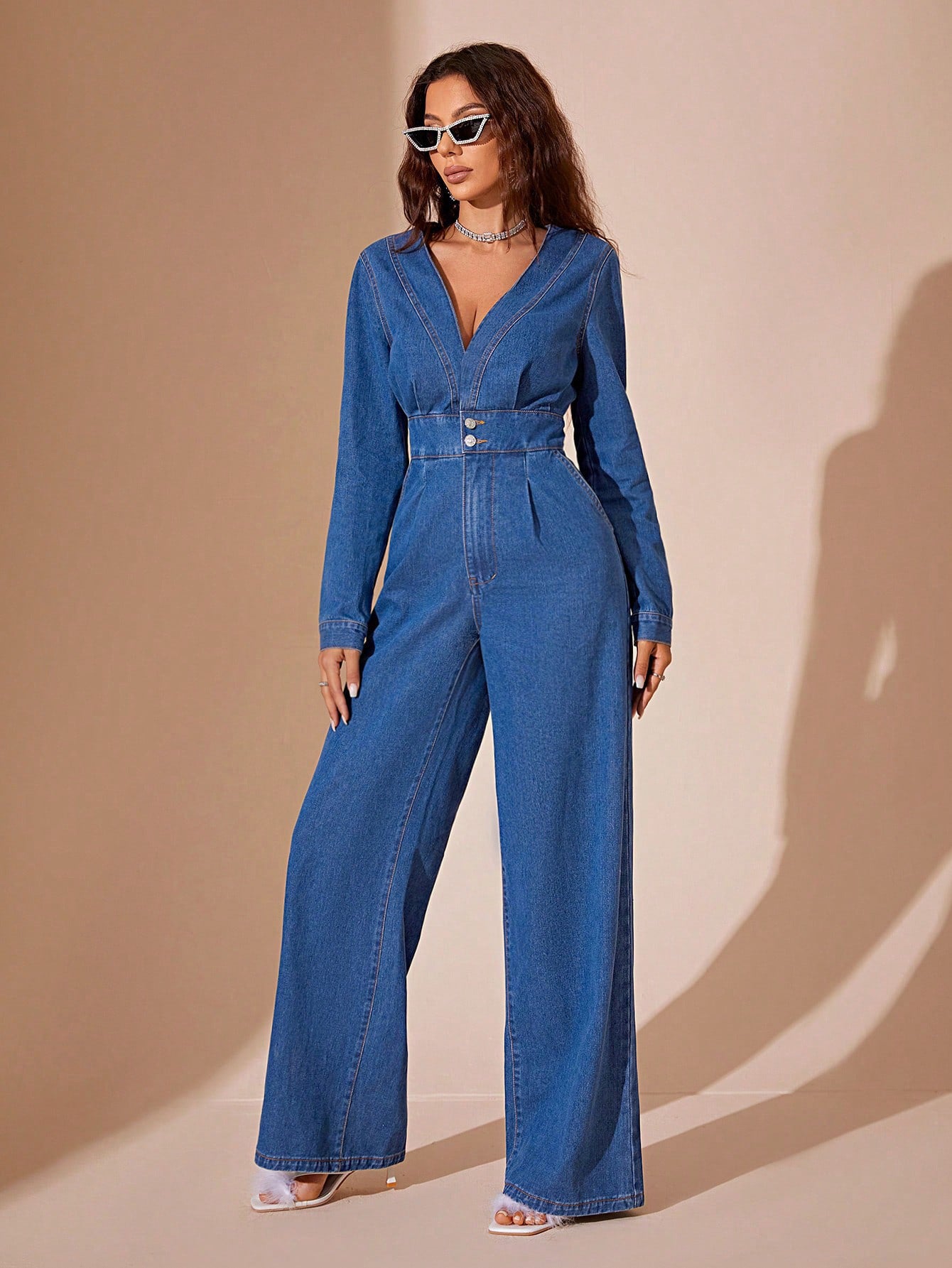 Women's Casual V-Neck Long Sleeve Wide Leg Denim Jumpsuit