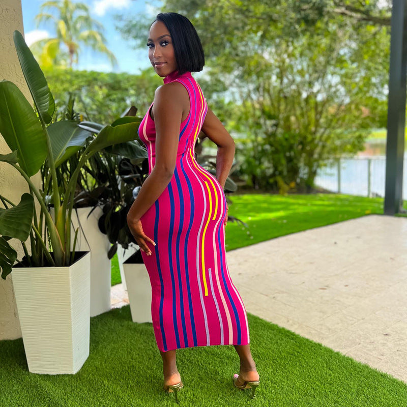 Women Ribbed High Neck Sleeveless Bodycon Dress 7