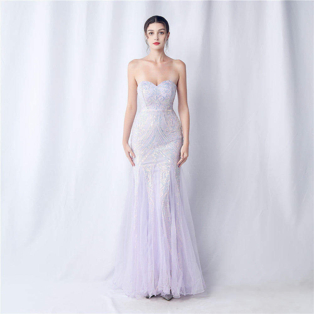 Positioned Flower Mesh Sequin Wedding Dinner Evening Dress 3