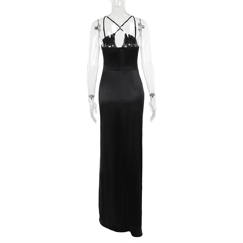 Women Sexy Cross Halter Neck Suspender Slit Dress 6