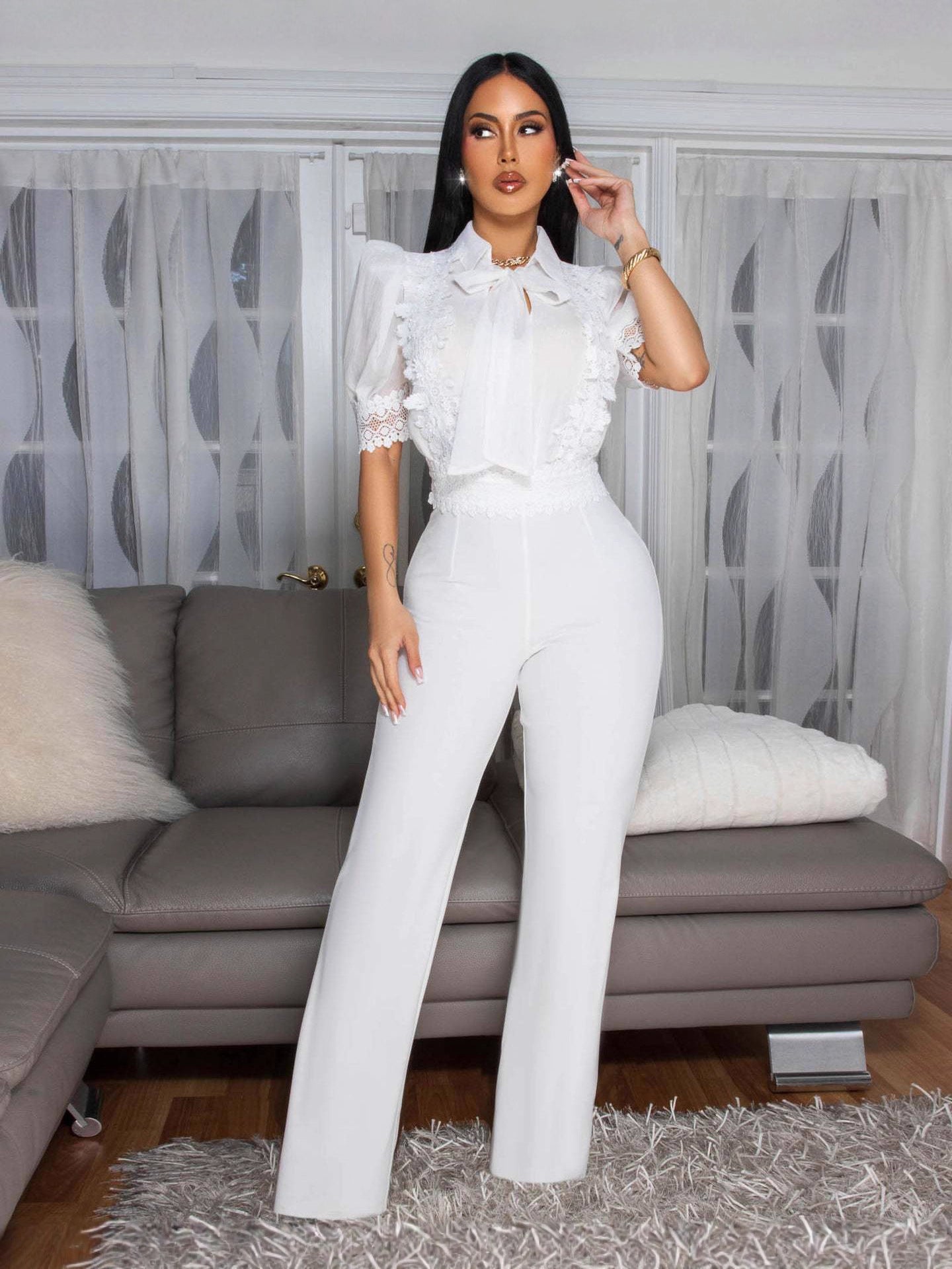 Women Elegant Style Lace Patchwork Lace-Up Wide-Leg Jumpsuit 7