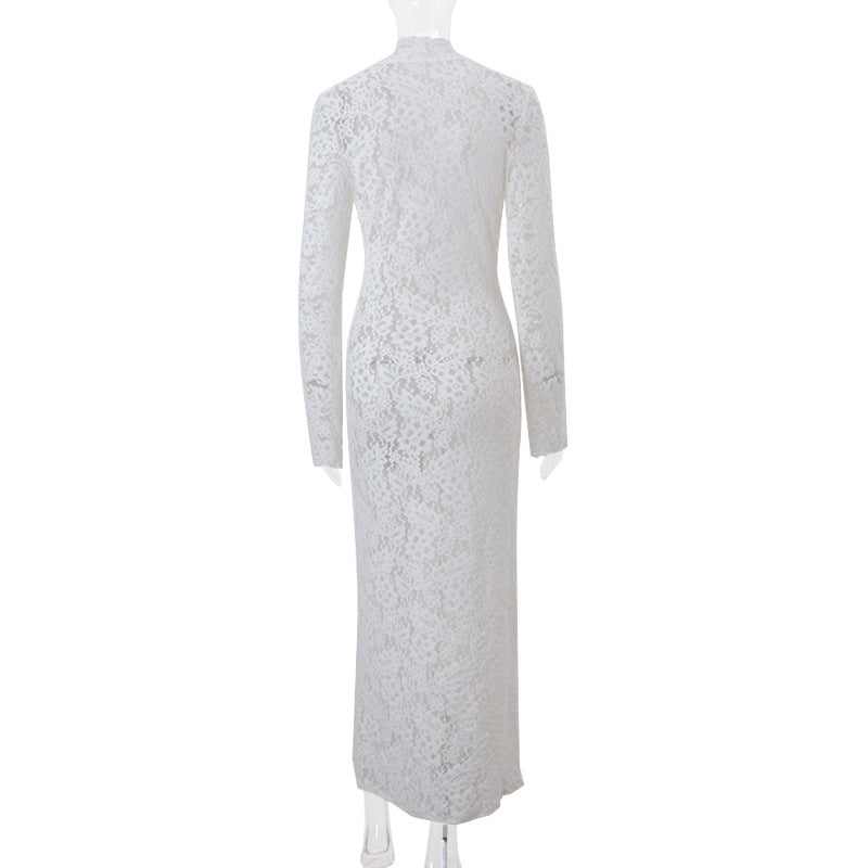 Autumn Sexy Lace Patchwork Fashion Street Slit Long Sleeve Dress 8