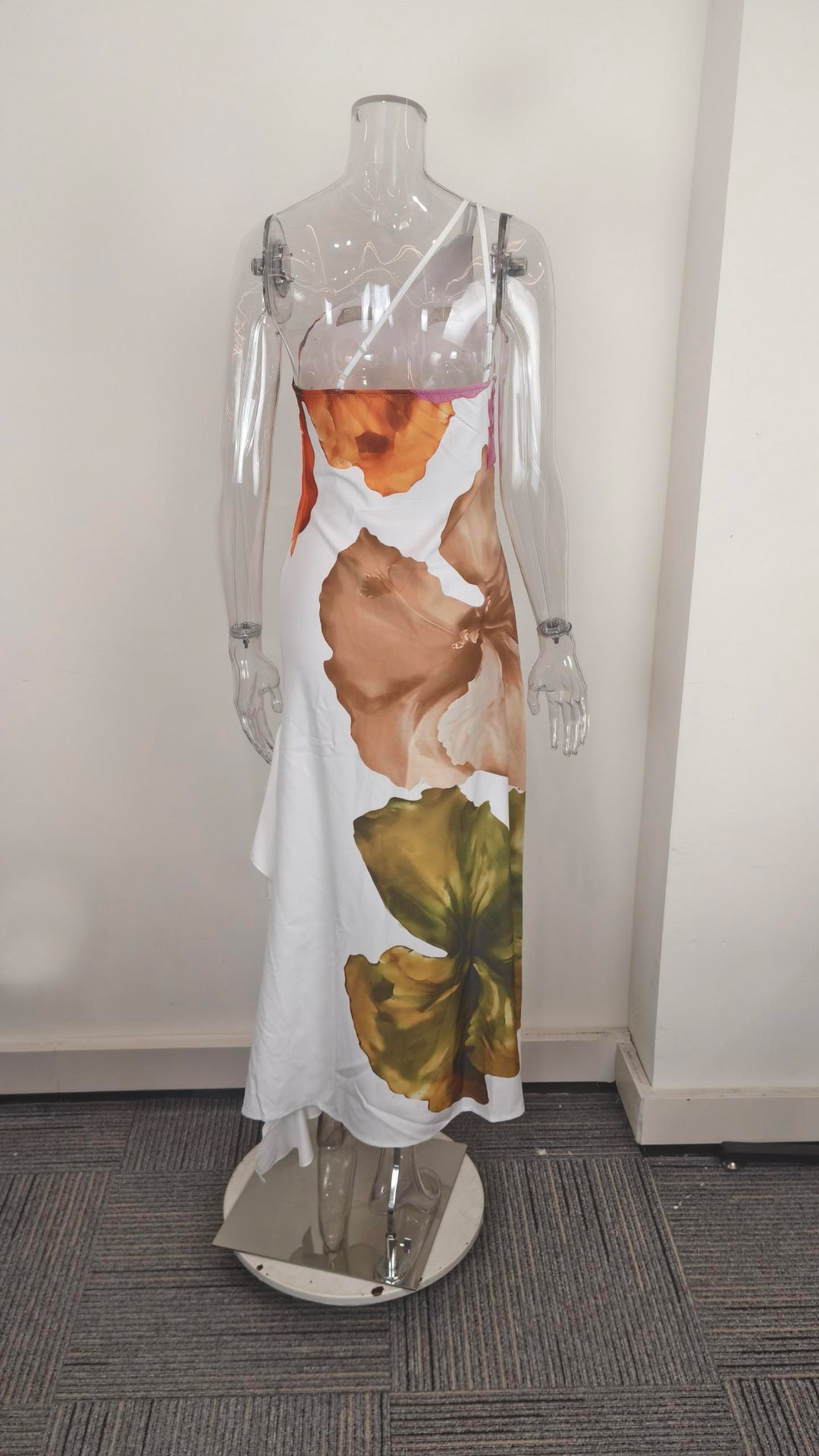 Women Spring Elegant Sleeveless One-Shoulder Printed Dress 6