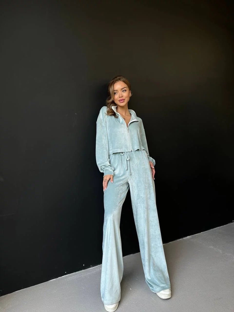 Autumn Velvet Long Sleeve Zipper Turndown Collar Top Elastic Waist Wide Leg Trousers Casual Two Sets For Women 5