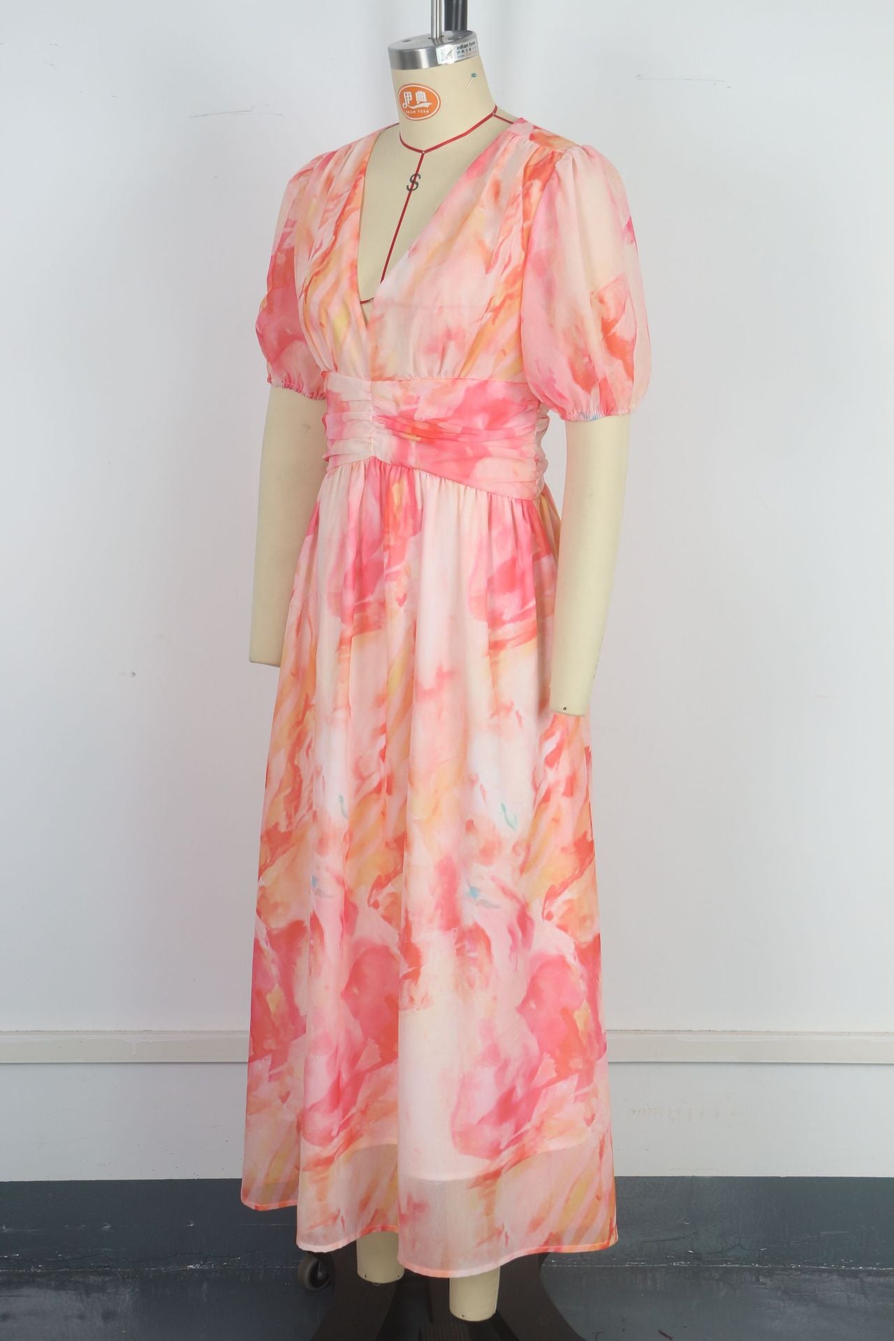 Women Holiday Chiffon V-Neck Short-Sleeve Zippered Print Dress 6