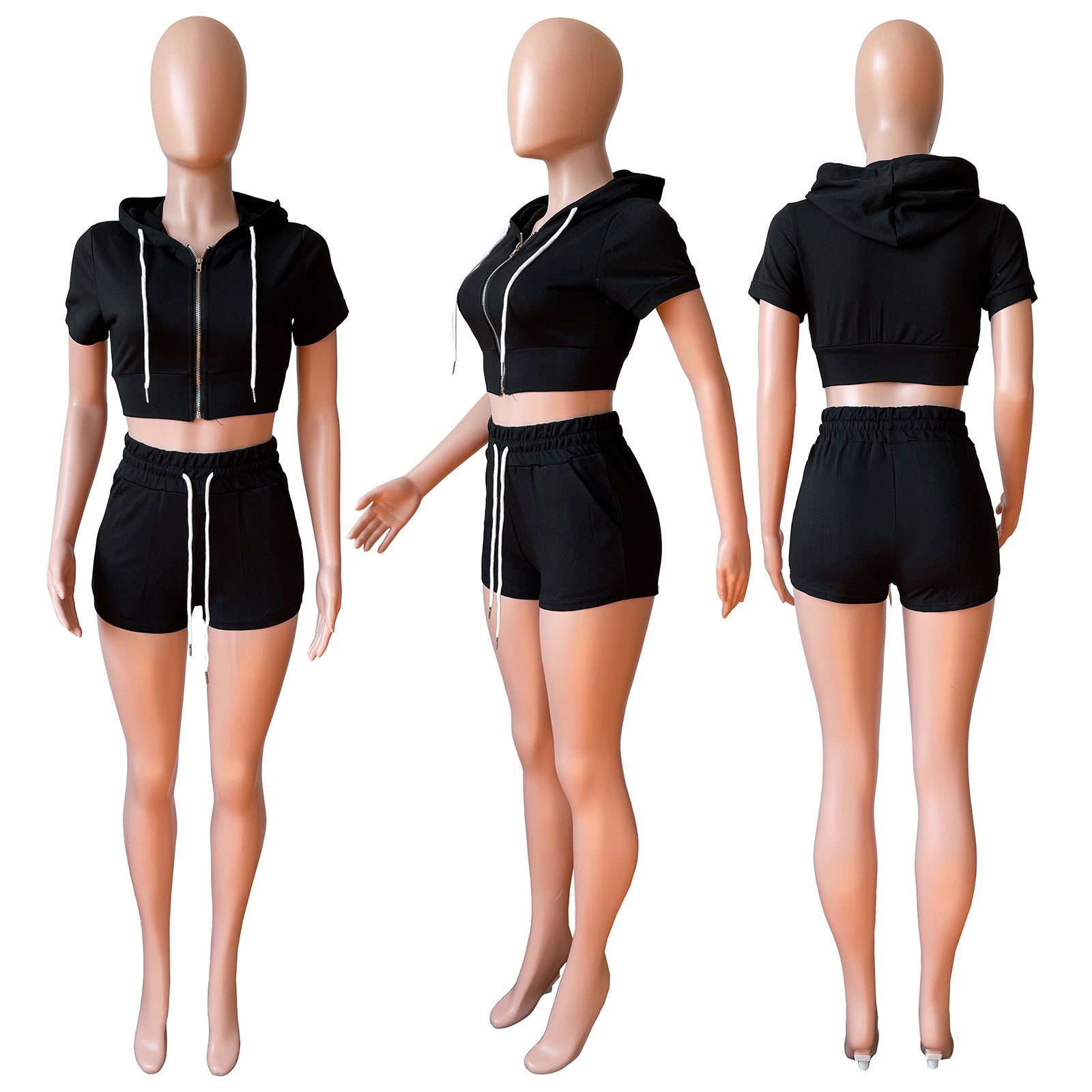 Women zipper Solid hooded Crop Top and Shorts two-piece set 24