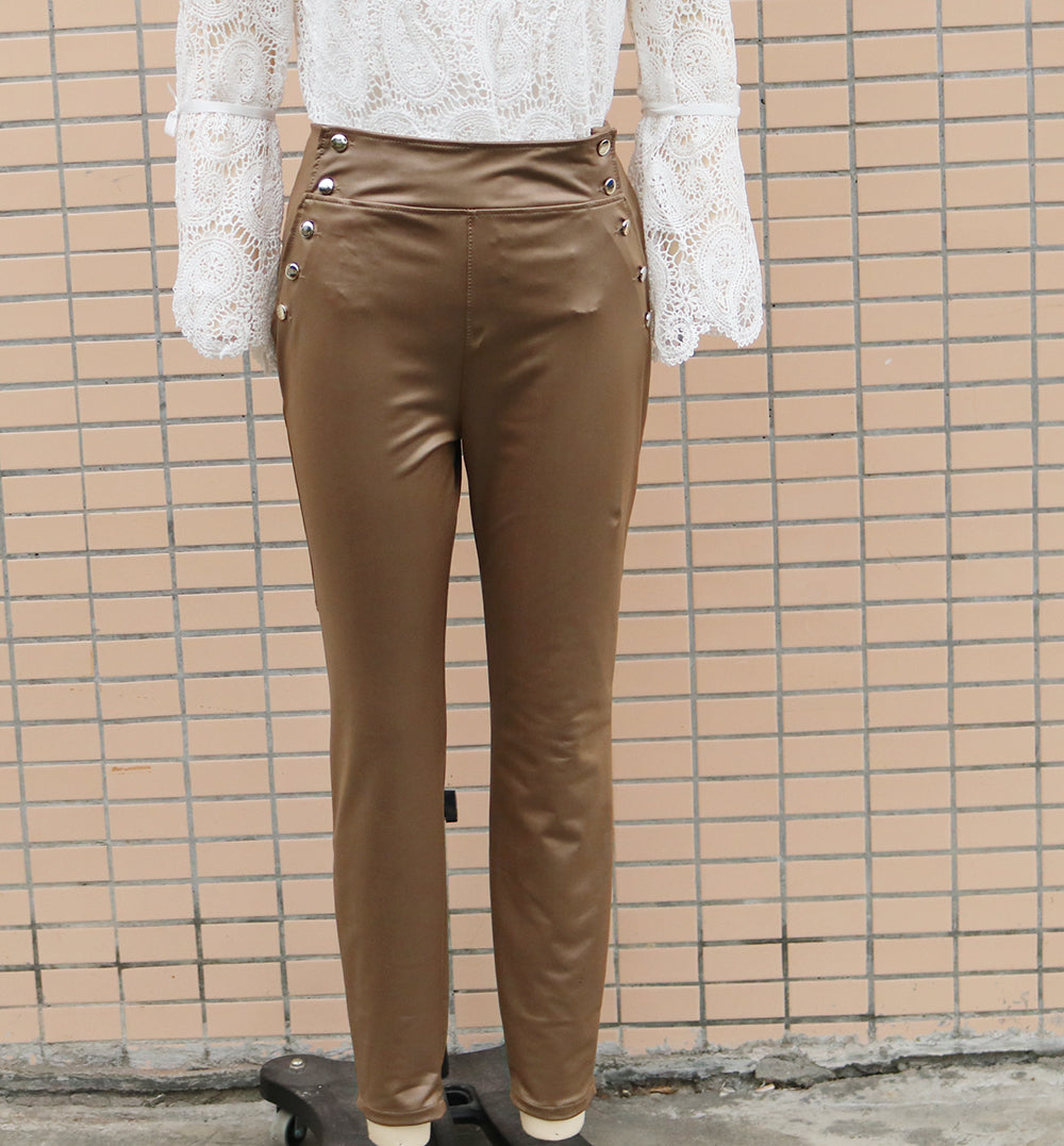 Women's Autumn and Winter High Waist Slim Fit Faux Leather Pants 14