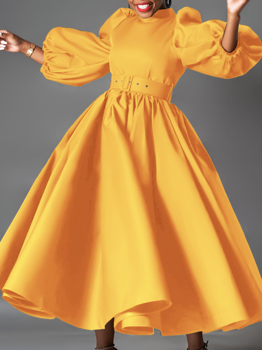 Plus Size Women's Loose Fashion Solid Color Puff Sleeve A-Line African Dress 9