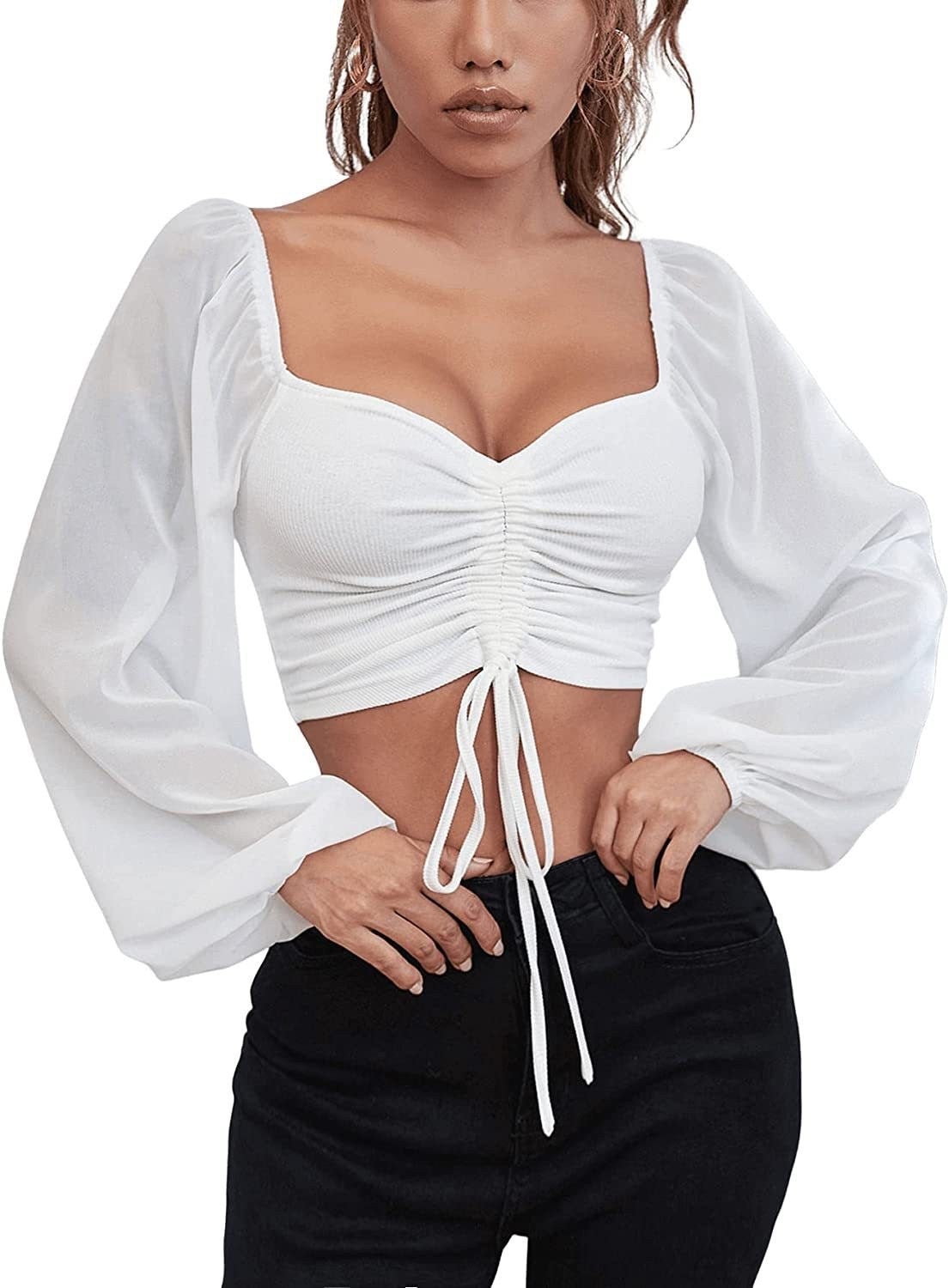Summer V-Neck Chiffon Drawstring Lantern Sleeves Fashion Sexy Shirt 13