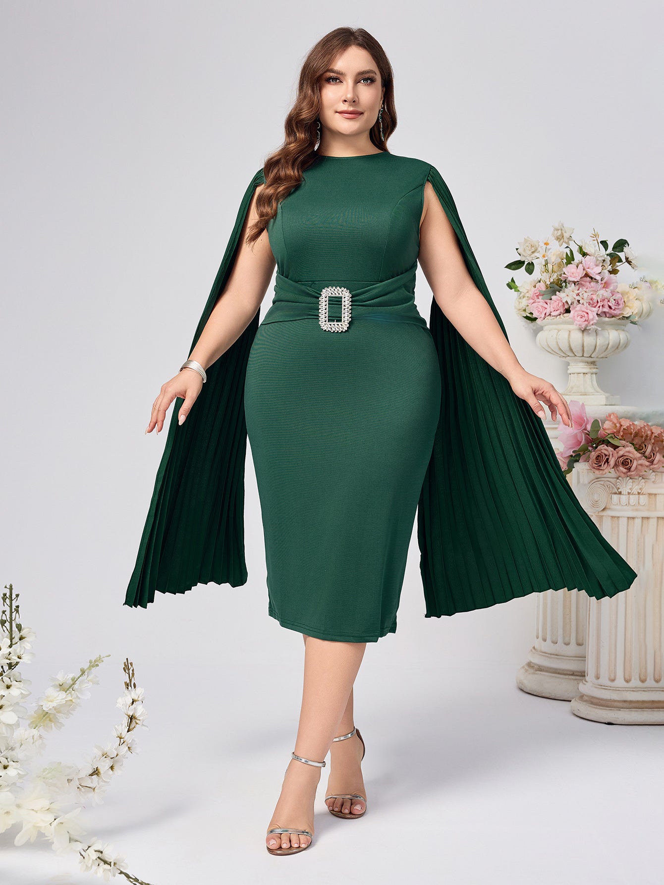 Plus Size African Women Fall/Winter Solid Bodycon Cape Dress