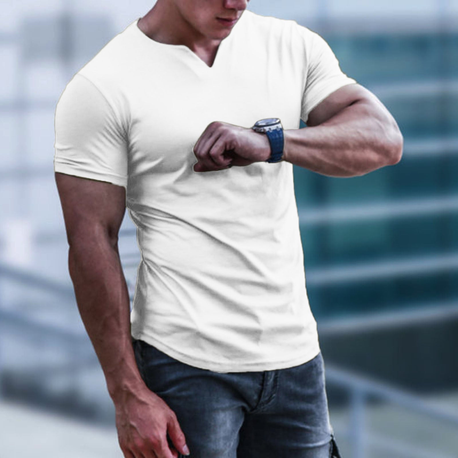 Men'S Solid Color Top Round V-Neck Slim Short Sleeve T-Shirt Half Sleeve Men'S Basic Shirt