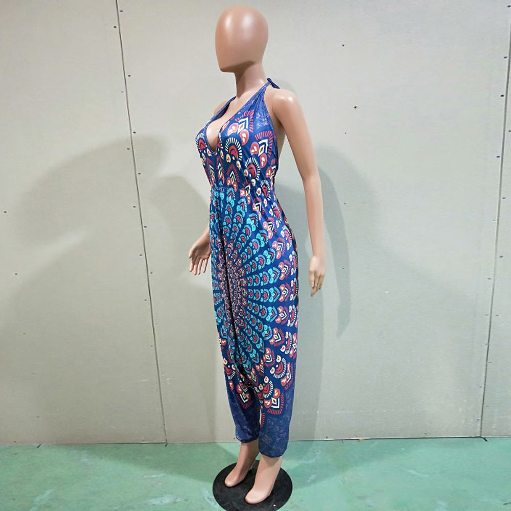 Women Clothing Style Positioning Print Sleeveless Backless Lace-Up Halter Low Profile Loose Jumpsuit 12