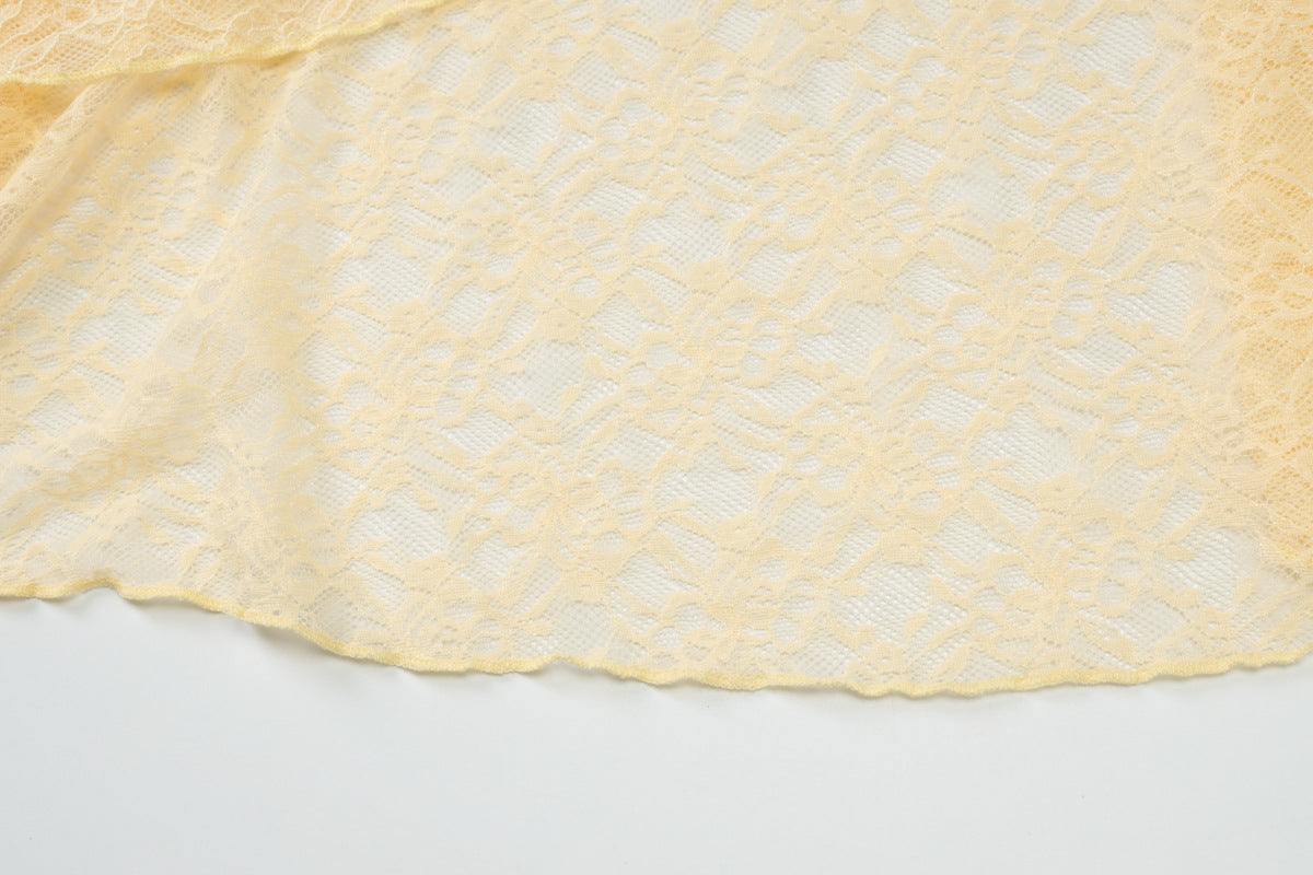 Women Summer Lace See-Through Ruffle Edge Crop Top and Skirt Two Piece Set 14