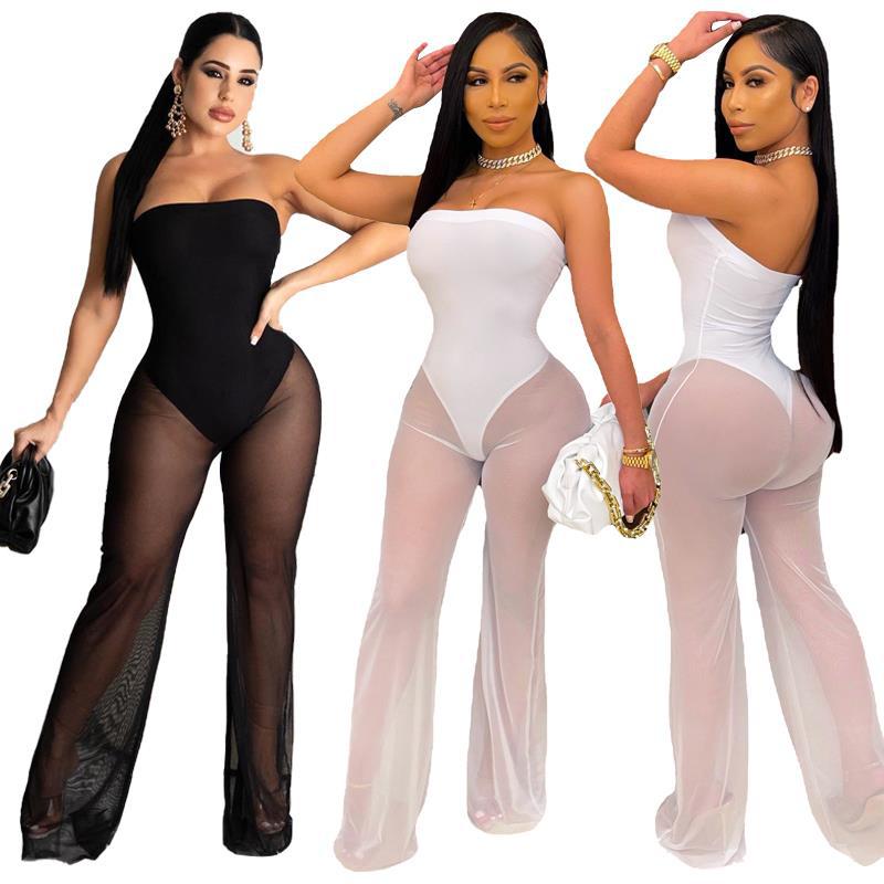 Women's Fashion Sexy Strapless Tight Fitting Wide Leg Mesh Jumpsuit 6