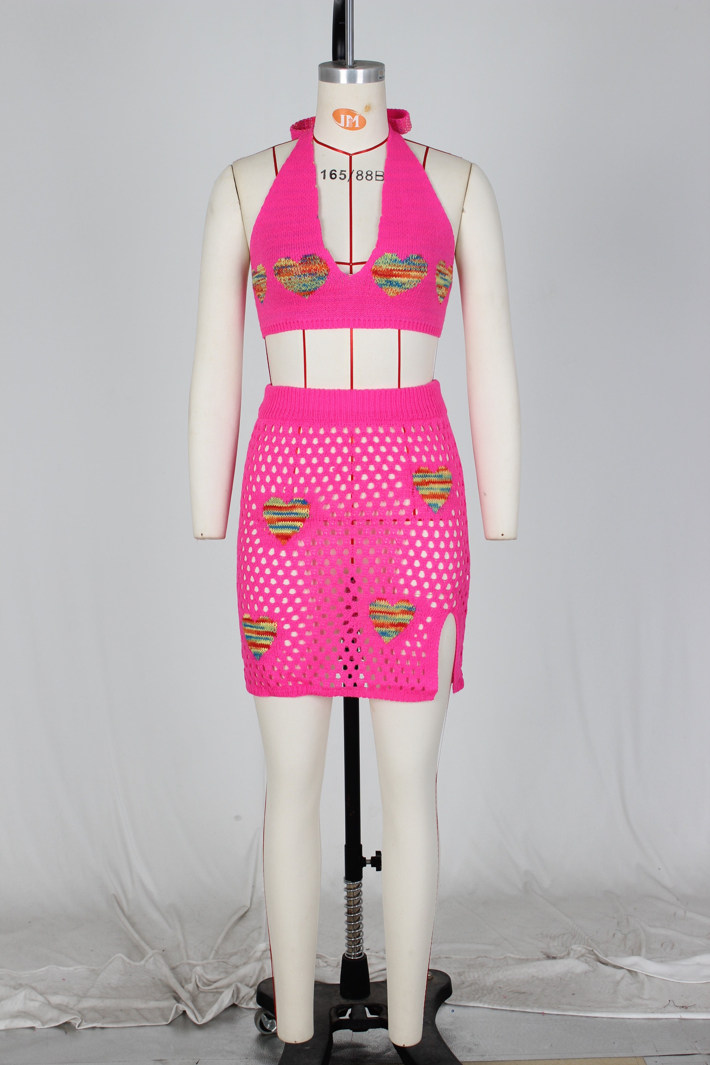 Women's Sexy Heart Print Jacquard Hollow Knitting Beach Fashion Two Piece Skirt Set 27