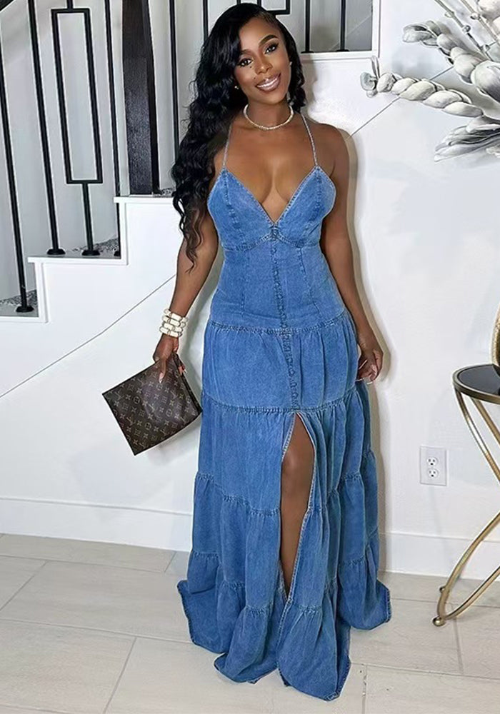 Women's Autumn Sexy V-Neck Strap Low Back Cascading Ruffles Long Dress