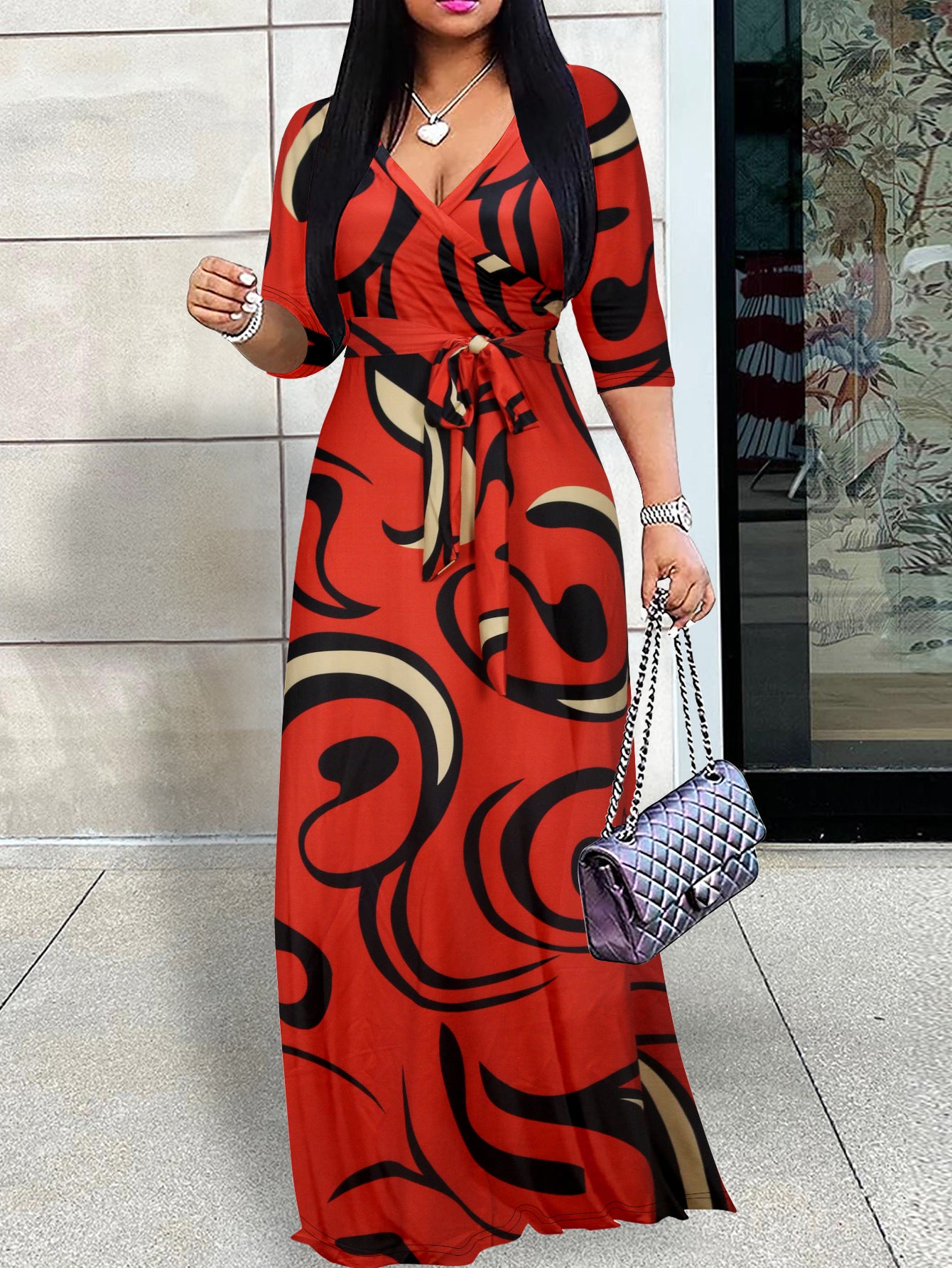 Spring & Autumn Women's Fashion Elegant Wrap V-Neck Half-Sleeve Print Belt Maxi Dress 50