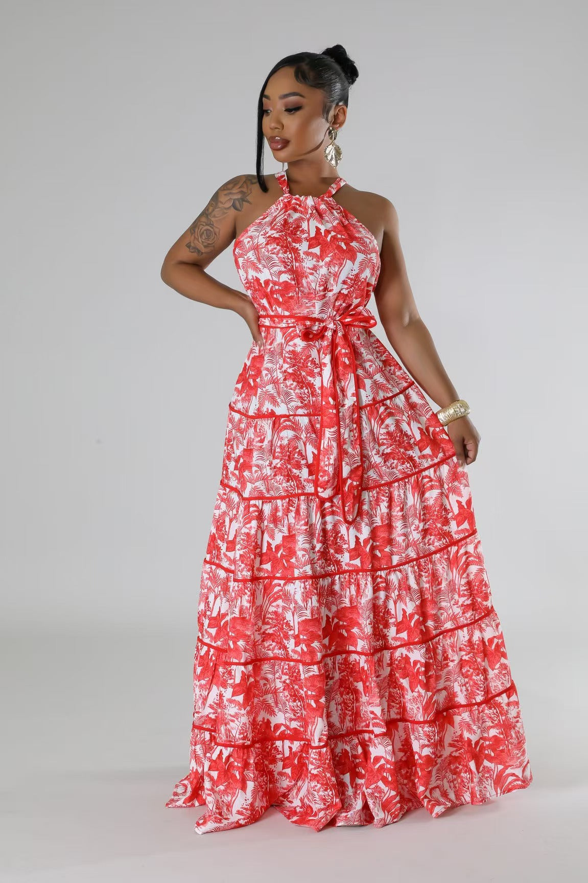 Fashion Printed Halter Neck A-line Maxi Dress