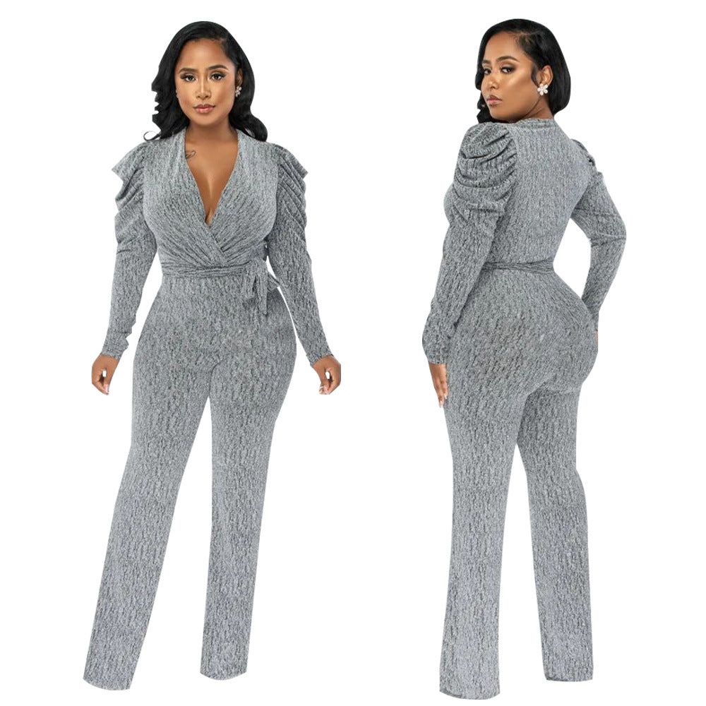 Women'S Sexy Slim Waist V Neck Puff Sleeve Shiny Knitting Jumpsuit