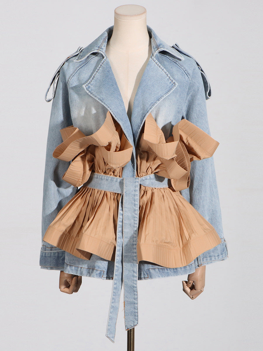 Women Fall Turndown Collar Contrast Color Ruffles Ruffle Lace-up Denim Jacket 3