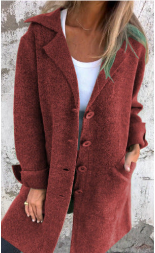 Women Solid Turndown Collar Pocket Maxi Jacket 17