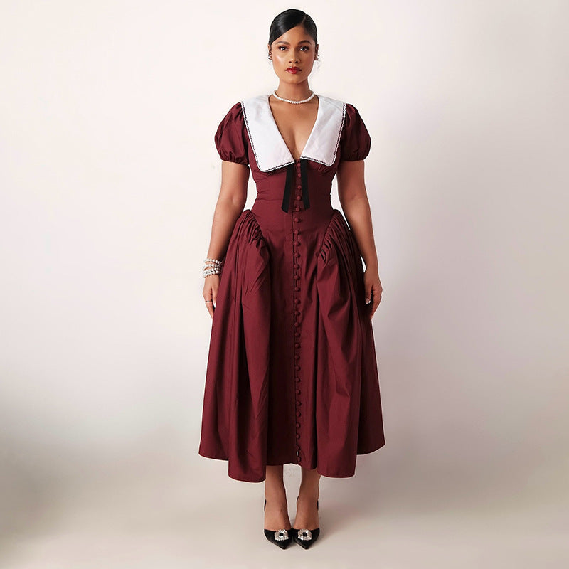 Women autumn and winter French puff sleeve Maxi dress 3