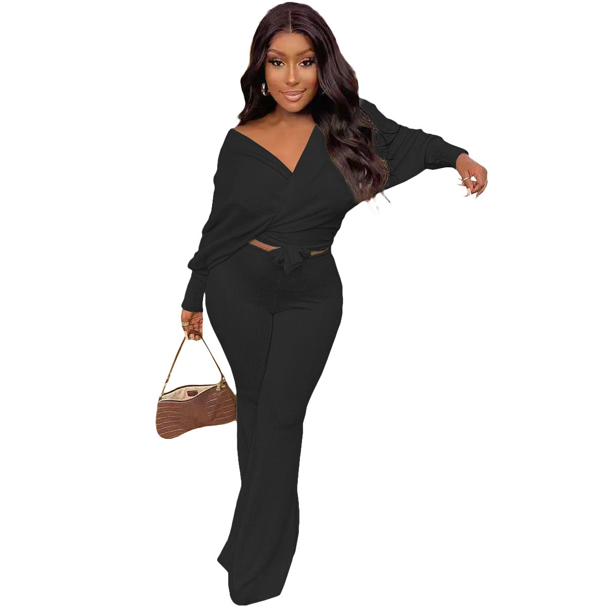 Fashionable Casual Solid Ribbed Loose-Cut Style Tie Bow Two Piece Set 9