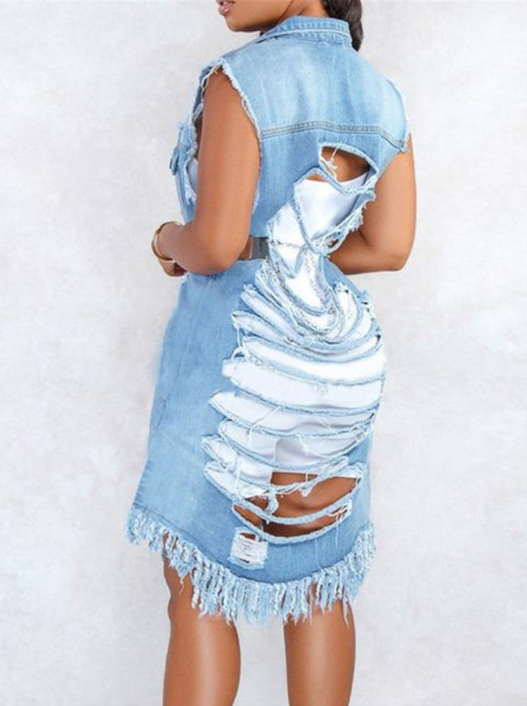 Women Spring Blue Sleeveless Denim Ripped Long Jacket 3