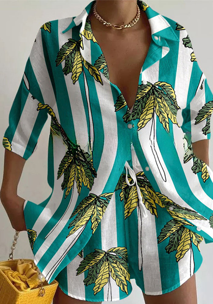 Women's Summer Printing Casual Shirt Shorts 2-Piece Set