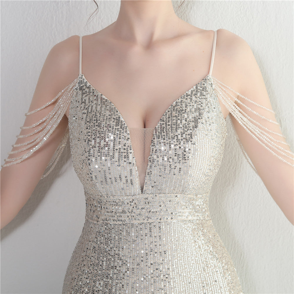 Women Straps Beaded Sequined Strap Sexy Evening Dress 36