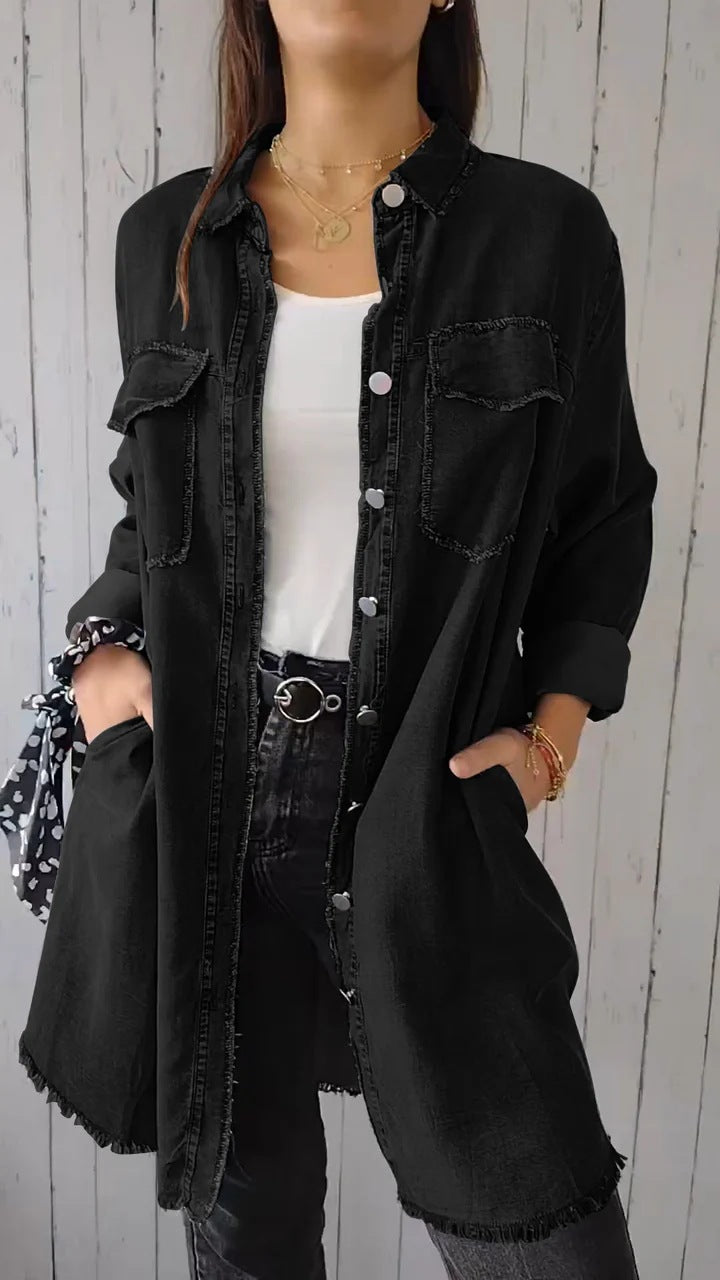 Street Style Fall Fashionable Loose Turndown Collar Women's Denim Jacket 4