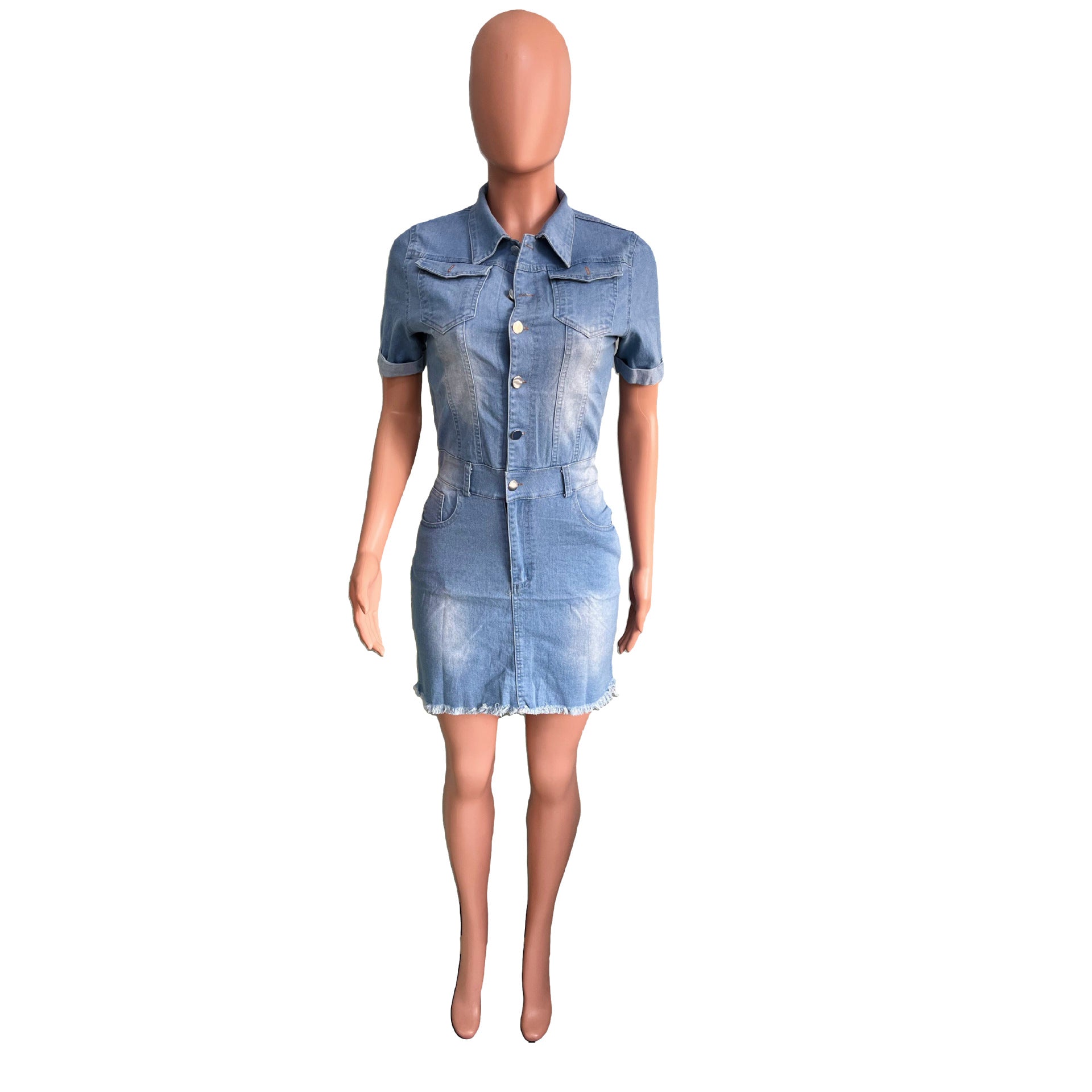 Sexy Turndown Collar Short Sleeve Button Up Fit Denim Dress