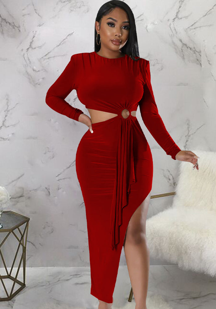 Women'S Fall Round Neck Sexy Open Waist Slit Irregular Dress