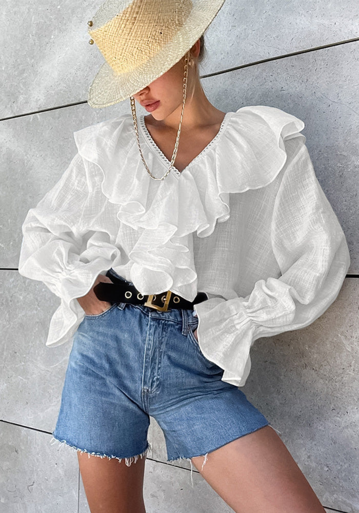 Women Lace Sexy V-Neck Retro Ruffle Shirt