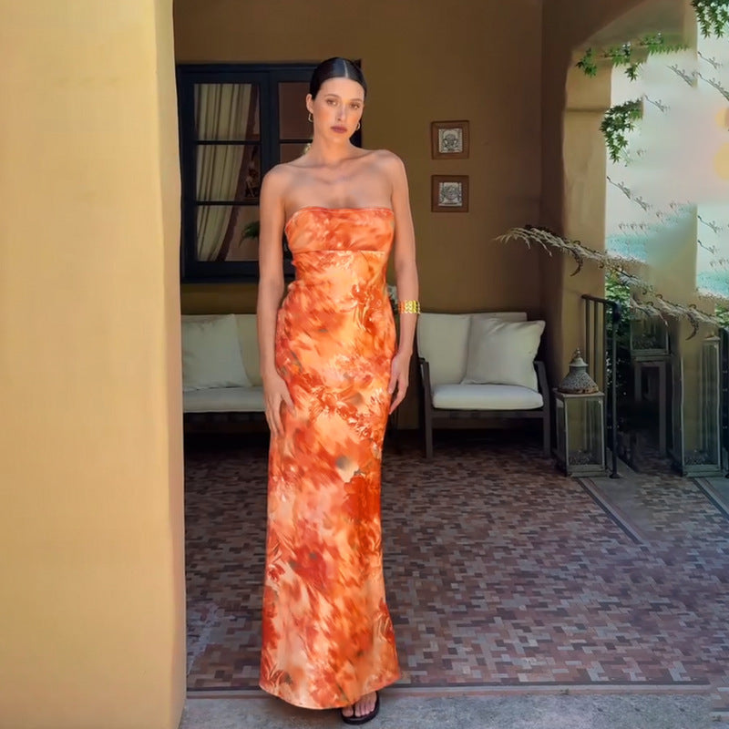 Sexy Strapless Slim Waist Bodycon Floral Dress Chic Holiday Maxi Dress