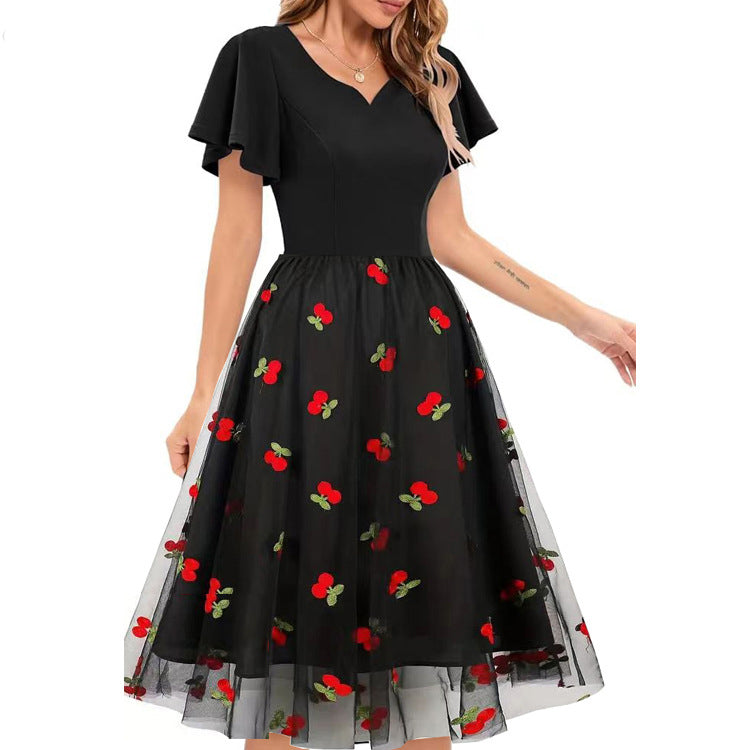 Summer Wear Embroidered Mesh Patchwork Midi A-Line Dress Women's Clothing 3