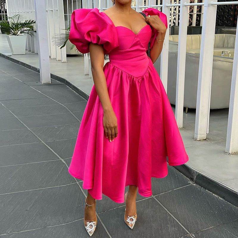 Women's Winter And Spring Fashion Square Neck Puff Sleeve Solid Color Slim Waist Maxi Dress 4