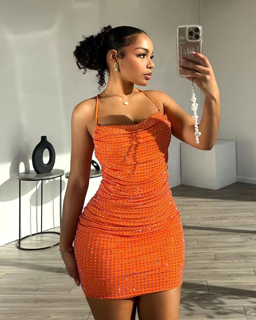 Women Solid Beaded Halter Neck Lace-Up Dress 3