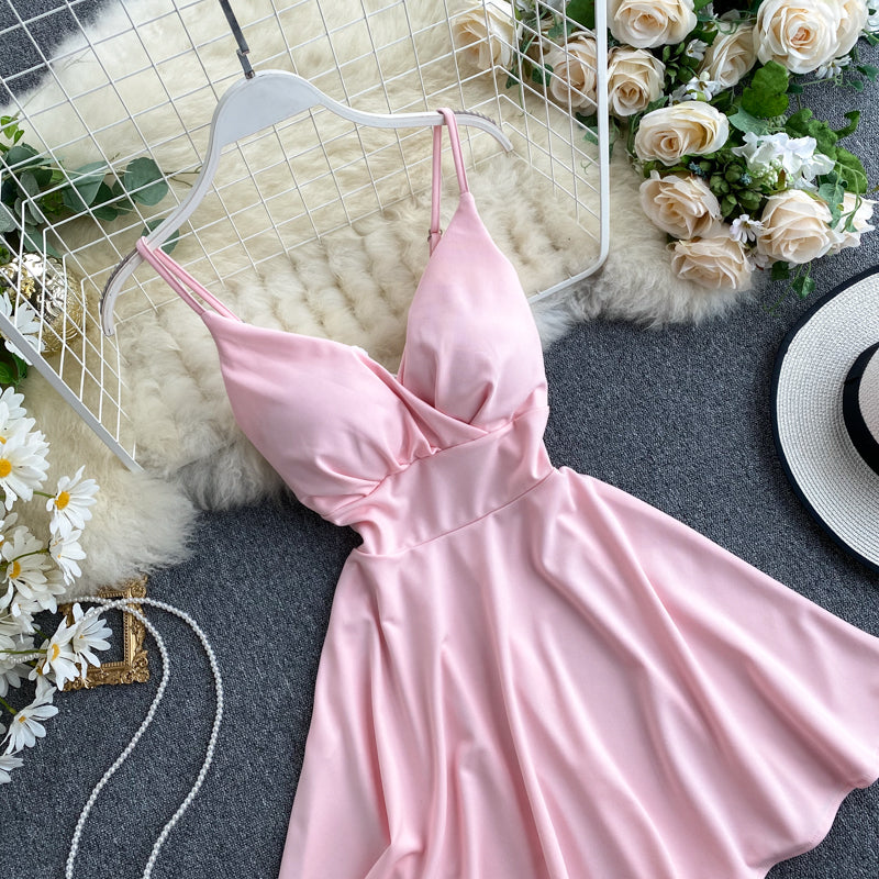 Spring Feminine V-Neck Low Back Slim Waist High Waist Slim Fit Solid Color Straps Basic A-Line Dress 19